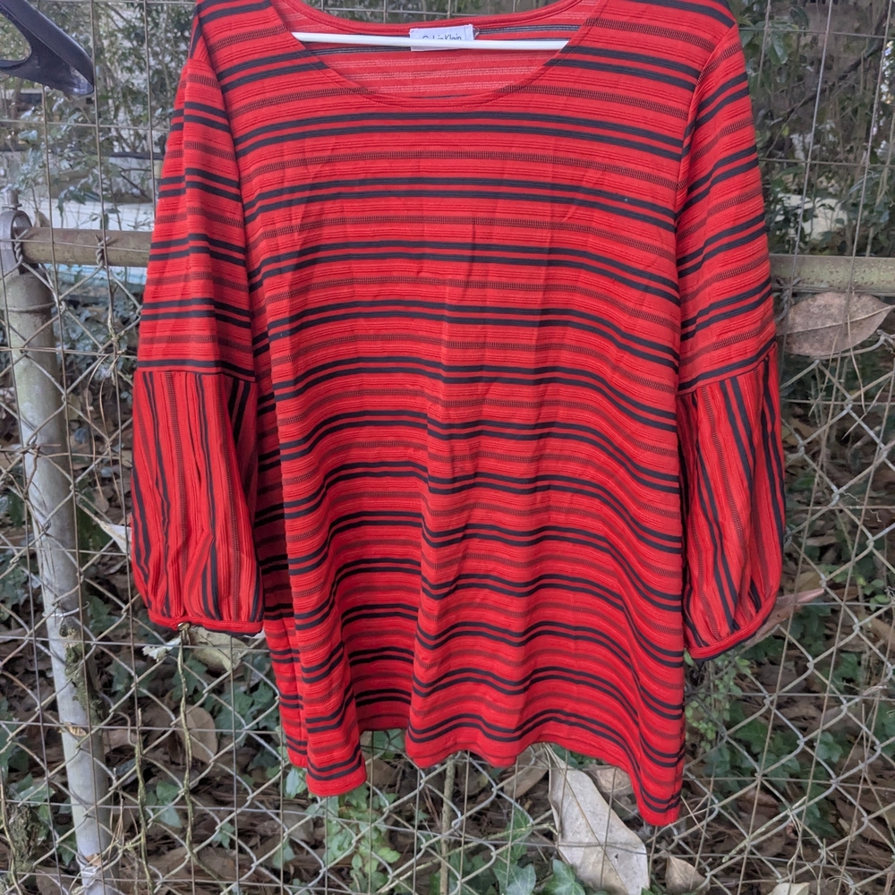 Calvin Klein Red and Black Striped Long Sleeve Top